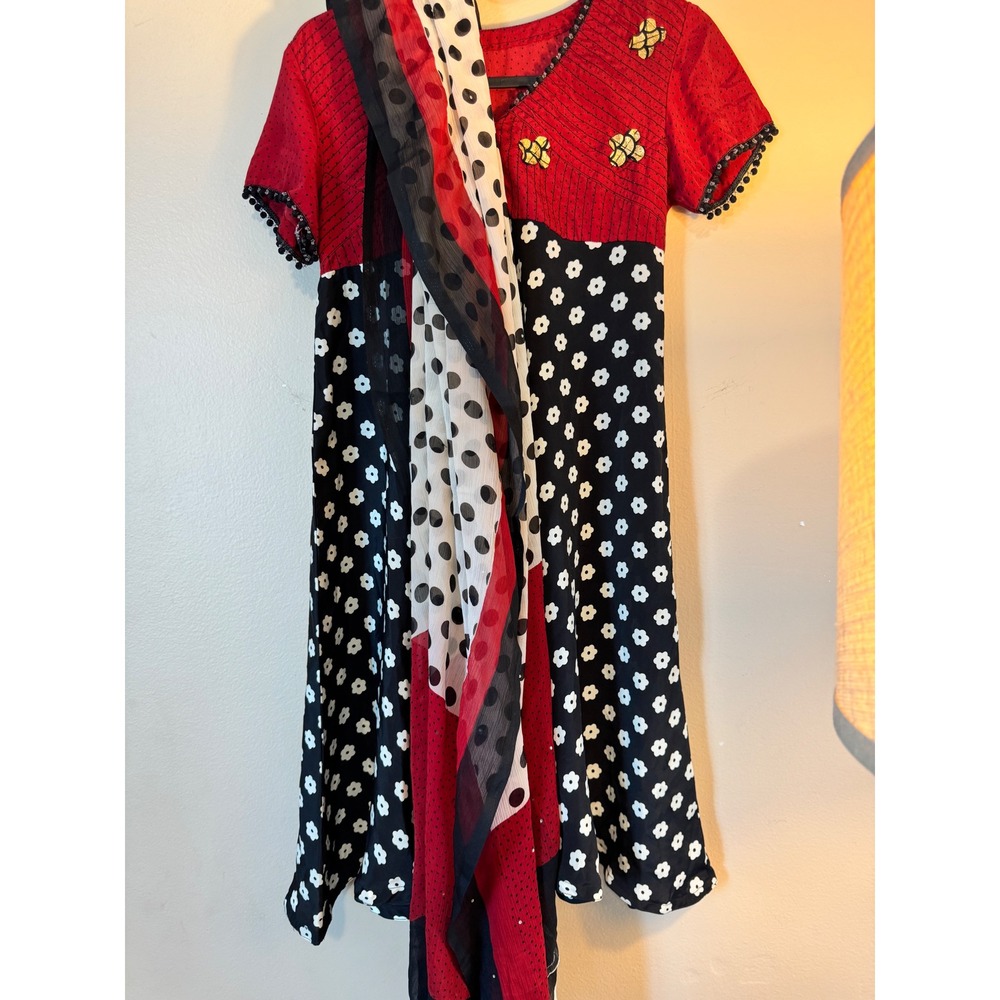 Red and Black Floral Polka Dot Anarkali Kurti Tunic with Dupatta Scarf Set